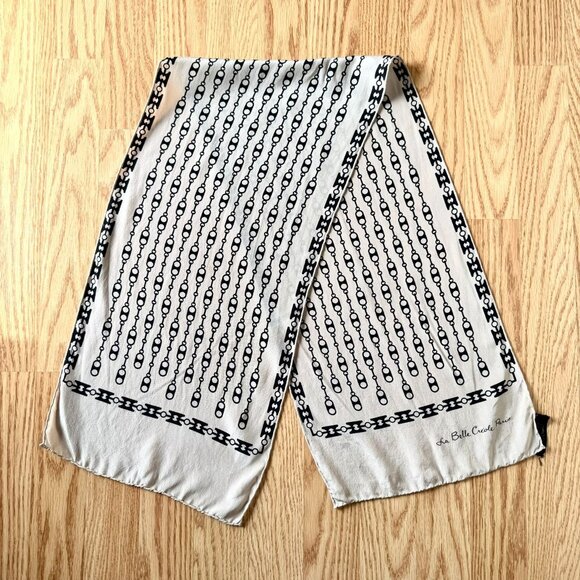 Vintage La Belle Creole Paris Silk Scarf Beige Black Chain Print 42inx10in Glam - Picture 2 of 11